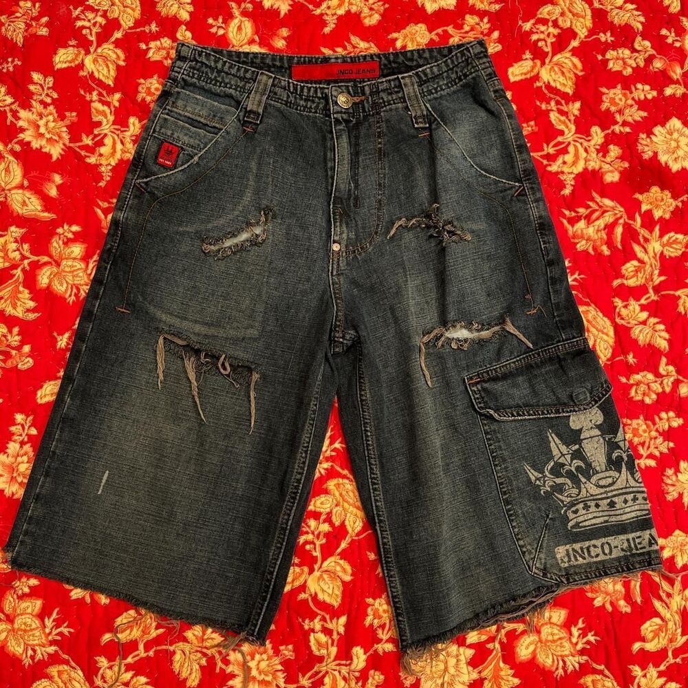 Vintage 90s JNCO Jeans Jorts Blue Embroidered Tribal Shorts